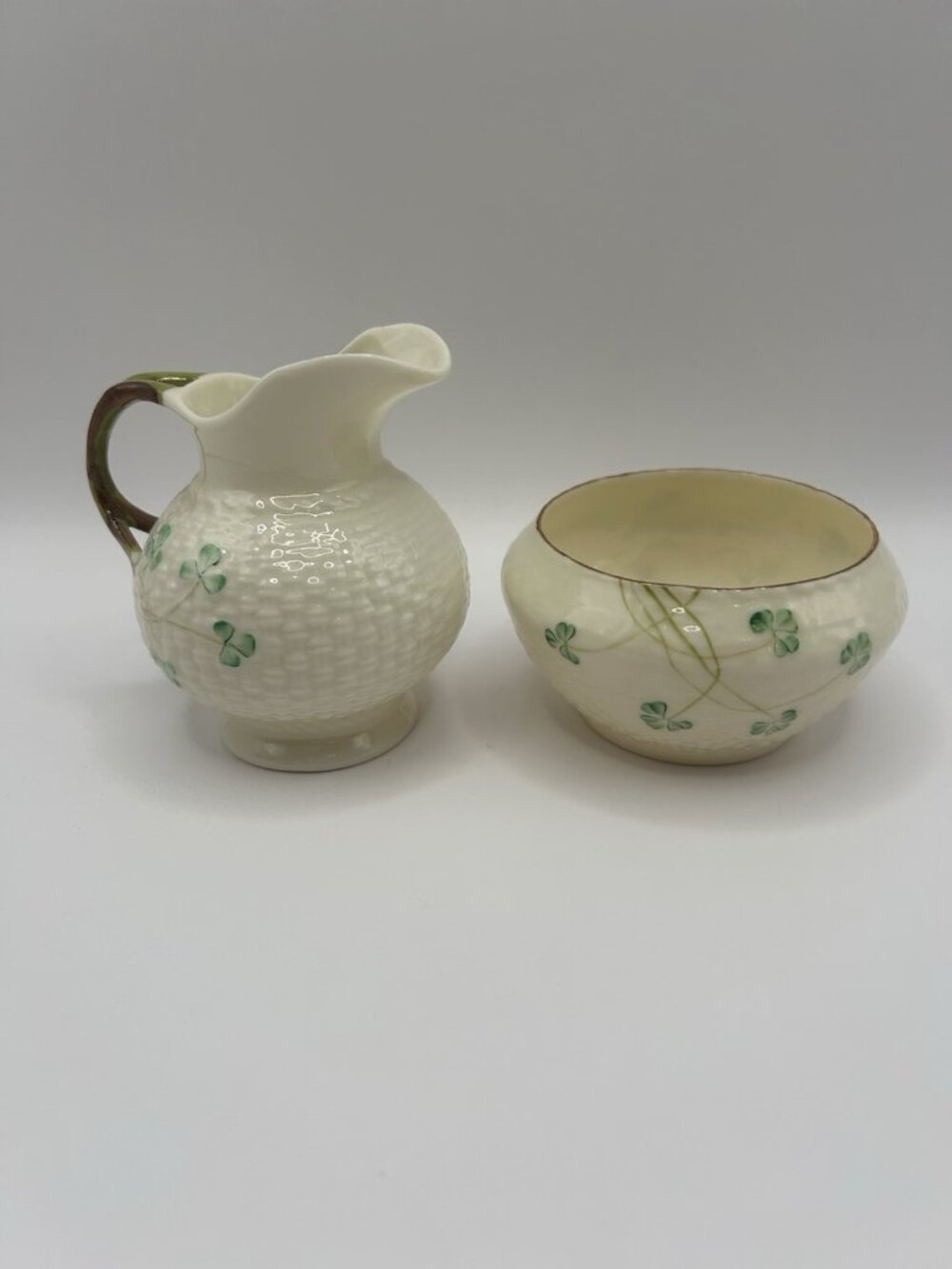 Antique Belleek Ireland Shamrock Mini Creamer Sugar Bowl Set Green Stamp Clover